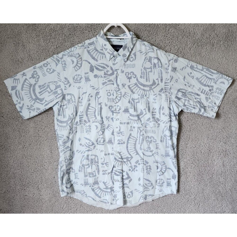 VTG Levi's Blue Gray Aztec Tribal AOP Short Sleeve Button Up Shirt Size Medium